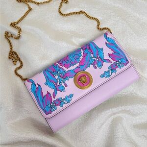 Versace La Medusa Baroque Floral Print Multi Pink Leather Chain Bag